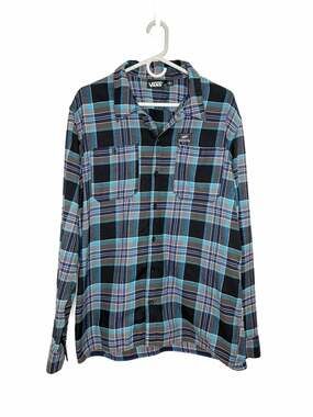 Vans Heavyweight Plaid Flannel Button Up Shirt Mens Sz L Skater Casual Blue Gray